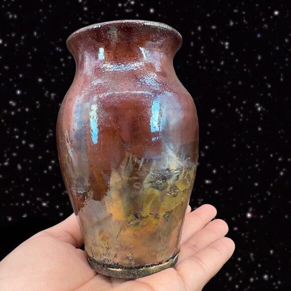 Vintage Raku Studio Art Pottery Vase Iridescent Glaze Hand Made Vessel Signed 5” - Picture 16 of 16